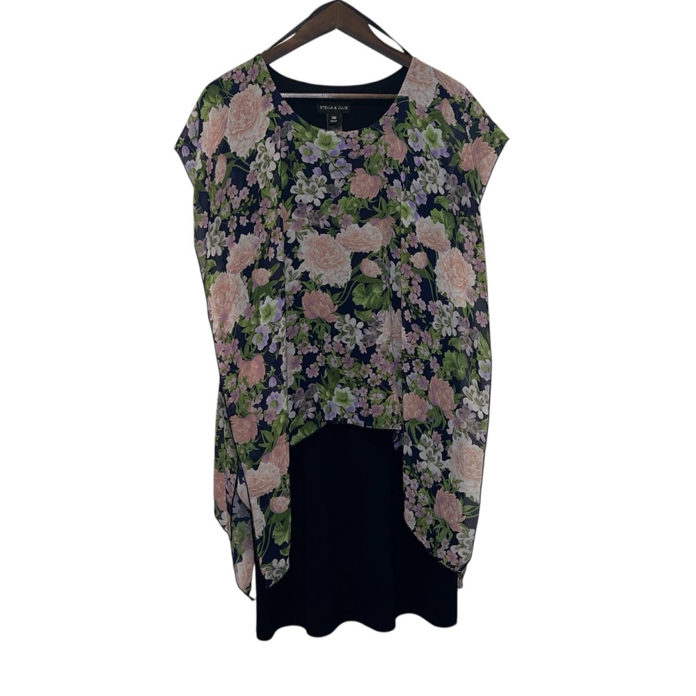 Stella & Julie Women’s 14W Navy Blue Dress With Sheer Floral Scarf Overlay